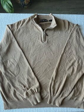 Pro Tour Mens 1/4 Zip Golf Pullover Sweater Tan Beige Elbow Patches Sz XL
